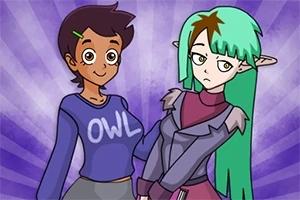 Două personaje animate stau alături pe un fundal violet, una purtând un pulover albastru cu inscripția OWL, iar cealaltă având părul verde și urechi ascuțite