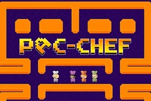 Textul PAC-CHEF în pixel art galben și portocaliu pe un fundal albastru închis, cu patru personaje pixelate îmbrăcate în costume de bucătar în partea de jos