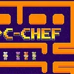 Textul PAC-CHEF în pixel art galben și portocaliu pe un fundal albastru închis, cu patru personaje pixelate îmbrăcate în costume de bucătar în partea de jos