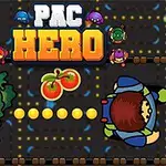 Un personaj și un monstru pe o hartă de joc cu bile galbene și fructe, sub titlul PAC HERO