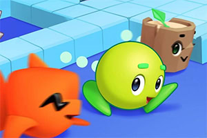 Personaje animate colorate, printre care o bilă verde cu față veselă, o creatură portocalie și un bloc maro cu față, pe un fundal de blocuri albastre