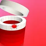 O minge roșie aproape de un recipient roșu cu un capac rotund deschis și o pată de vopsea roșie pe margine, pe un fundal gradient