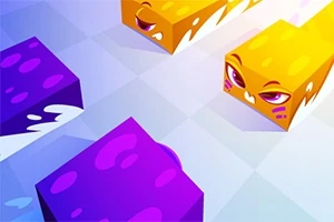 Blocuri colorate violet și portocaliu cu fețe expresive alunecă pe o suprafață pătrată