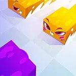 Blocuri colorate violet și portocaliu cu fețe expresive alunecă pe o suprafață pătrată