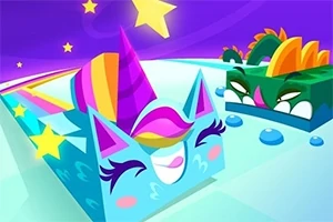 Două personaje animate, unul albastru cu urechi de pisică și corn de unicorn, și altul verde cu spini, apar zâmbind pe un fundal colorat cu stele și un curcubeu