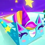 Două personaje animate, unul albastru cu urechi de pisică și corn de unicorn, și altul verde cu spini, apar zâmbind pe un fundal colorat cu stele și un curcubeu