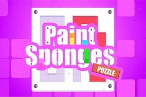 Textul „Paint Sponges Puzzle” pe un fundal roz cu pătrate colorate și un design geometric