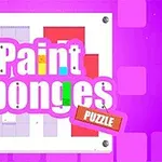 Textul „Paint Sponges Puzzle” pe un fundal roz cu pătrate colorate și un design geometric