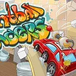 Mașinuță roșie de jucărie pe o masă din bucătărie, cu o omletă și graffiti colorat pe fundal