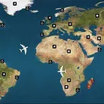 Hartă a lumii cu avioane deasupra oceanelor și simboluri cu cranii, măști și cruci alb-negru plasate peste diferite locații de pe continente