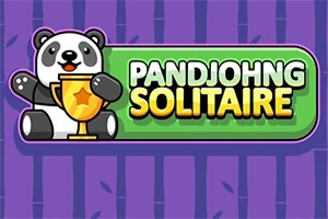 Urs panda drăguț ținând un trofeu de aur lângă textul PANDJOHNG SOLITAIRE pe un fundal violet cu model de bambus