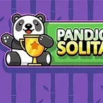 Urs panda drăguț ținând un trofeu de aur lângă textul PANDJOHNG SOLITAIRE pe un fundal violet cu model de bambus
