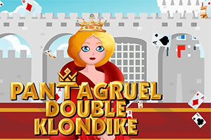 Regină blondă cu coroană și cărți de joc, în fața unui castel, înconjurată de ași