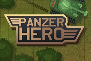 Textul „Panzer Hero” scris cu litere mari deasupra unui tanc verde pe un fundal cu un model de pădure văzut de sus