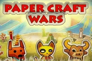 Ilustrație cu trei personaje stilizate din hârtie în fața unui peisaj de munte, cu titlul Paper Craft Wars scris deasupra