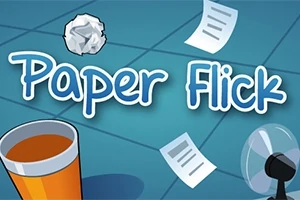 Textul „Paper Flick” pe un fundal albastru, cu o bilă de hârtie mototolită, foaie de hârtie, ventilator și un pahar