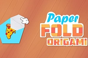 Desen cu o felie de pizza într-un plic albastru și textul „Paper Fold Origami” pe un fundal maro