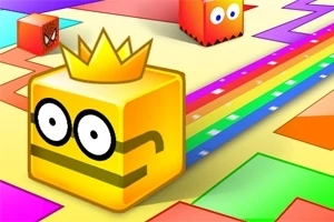 Cub galben cu coroana și ochelari, în fața unui fundal colorat de cale curcubeu și alte cuburi animate