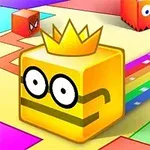 Cub galben cu coroana și ochelari, în fața unui fundal colorat de cale curcubeu și alte cuburi animate