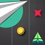 Un avion de hârtie alb, monede galbene, un triunghi verde și un obiect roșu pe un fundal întunecat