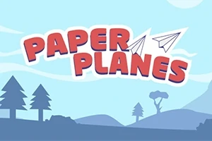 Text roșu „PAPER PLANES” cu imagini de avioane de hârtie alb-negru, pe un fundal albastru deschis cu siluete de copaci și munți