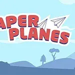 Text roșu „PAPER PLANES” cu imagini de avioane de hârtie alb-negru, pe un fundal albastru deschis cu siluete de copaci și munți