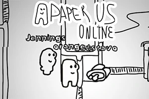 Ilustrație alb-negru cu două personaje stilizate și textul „Paper Us Online” în partea de sus