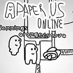 Ilustrație alb-negru cu două personaje stilizate și textul „Paper Us Online” în partea de sus