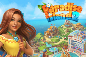 Paradise Island 2 Femeie zâmbitoare în prim-plan, într-un peisaj tropical insular cu clădiri colorate și un parc acvatic în fundal