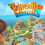 Paradise Island 2 Femeie zâmbitoare în prim-plan, într-un peisaj tropical insular cu clădiri colorate și un parc acvatic în fundal