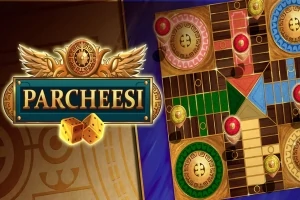 Planșă colorată de joc de societate cu piese rotunde și un logo decorativ cu titlul Parcheesi
