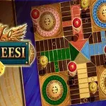 Planșă colorată de joc de societate cu piese rotunde și un logo decorativ cu titlul Parcheesi