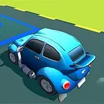 Mașină albastră desenată stilizat parcată pe un loc de parcare marcat cu litera P