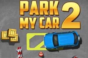 Mașină albastră parcată lângă cutii și obstacole pe un fundal gri, cu titlul Park My Car 2 deasupra
