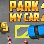 Mașină albastră parcată lângă cutii și obstacole pe un fundal gri, cu titlul Park My Car 2 deasupra