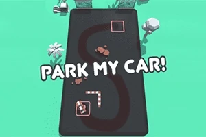 Un drum curbat cu două mașini maro și textul PARK MY CAR!