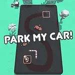 Un drum curbat cu două mașini maro și textul PARK MY CAR!