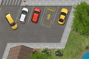 Parcare cu patru mașini colorate văzută de sus, cu o zonă marcată „FRONT” și spații verzi în apropiere