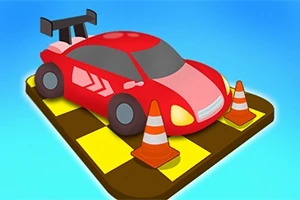 Mașină roșie stilizată pe o platformă cu pătrățele galbene și maro, înconjurată de conuri de trafic portocalii pe un fundal albastru