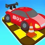 Mașină roșie stilizată pe o platformă cu pătrățele galbene și maro, înconjurată de conuri de trafic portocalii pe un fundal albastru