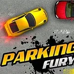 Mașină galbenă în mișcare, cu stopuri aprinse, alături de două mașini parcate și logo-ul Parking Fury 2