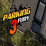 Două mașini parcate într-o parcare cu textul „Parking Fury 3” plasat pe o secțiune gri lângă un spațiu verde