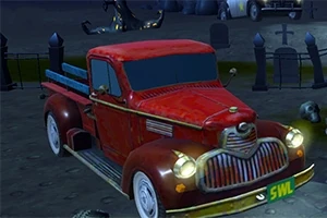 Camionetă roșie veche într-un cimitir pe timp de noapte, cu un decor înfricoșător și cranii pe sol