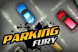 Mașini parcate într-un unghi diagonal pe un loc marcat, cu titlul Parking Fury deasupra