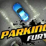 Mașini parcate într-un unghi diagonal pe un loc marcat, cu titlul Parking Fury deasupra