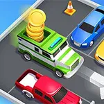 Mașini colorate parcate lângă un vehicul blindat cu monede de aur deasupra, pe un fundal albastru