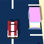 Mașină roșie cu dungi albe pe drum albastru, lângă o camionetă roz și un semn de interzis