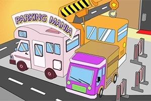 Trei vehicule colorate, inclusiv un autobuz și o rulotă, sunt parcate lângă o barieră într-o zonă de parcare desenată stilizat, cu un semn care scrie Parking Mania