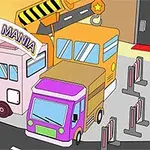 Trei vehicule colorate, inclusiv un autobuz și o rulotă, sunt parcate lângă o barieră într-o zonă de parcare desenată stilizat, cu un semn care scrie Parking Mania
