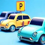 Trei mașini colorate, albastră, galbenă și mov, parcate sub indicatoare cu litera P pe un fundal albastru deschis